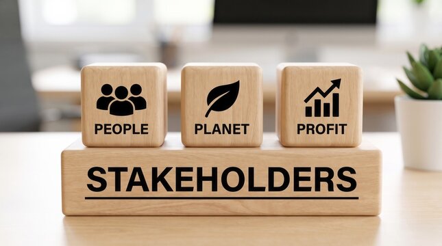 Wooden blocks showcasing people, planet, and profit icons atop a rectangular base clearly labeled with the word stakeholders for business