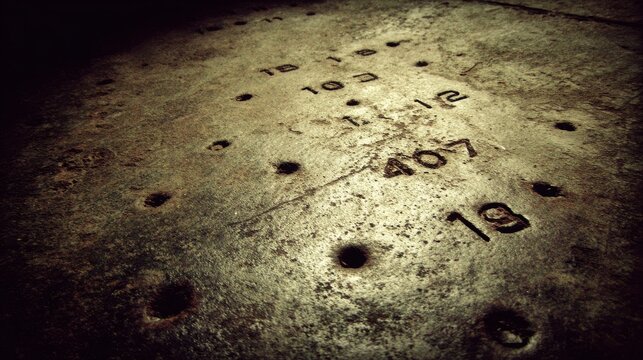 Close-up of weathered industrial steel plate with stamped serial numbers and markings