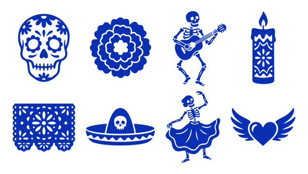 Dia de los Muertos collection with sugar skull skeleton and traditional Mexican holiday icons