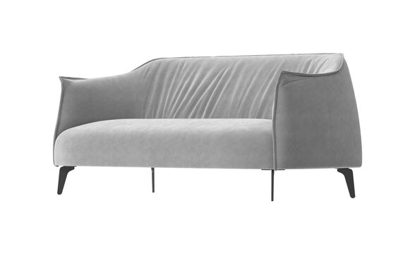 Modern grey velvet sofa with elegant curved design and slender black legs
