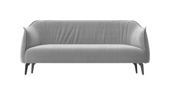 Modern gray velvet sofa with elegant curved arms and black legs