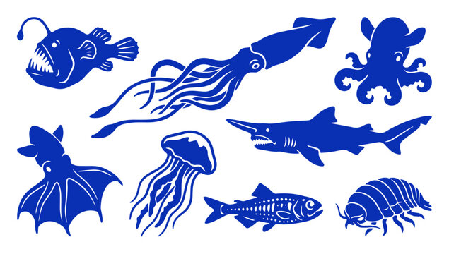 Set of deep sea creature silhouettes including anglerfish octopus squid and jellyfish illustrations