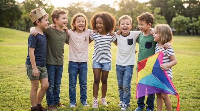 Joyful Diverse Children Standing Arm-in-Arms Laughing Together on Green Park Meadow