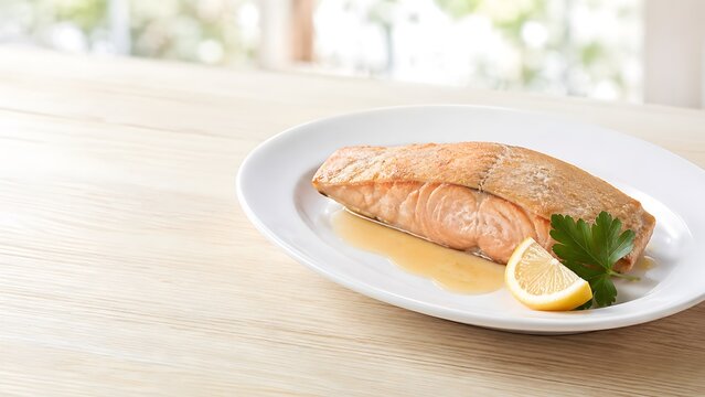 秋鮭のムニエル 白い楕円皿にレモンとパセリを添えたバターソースの秋の洋食