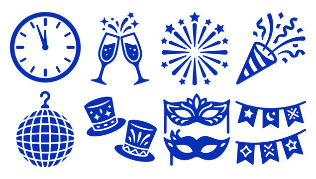 New Year celebration icons set featuring clock champagne fireworks party hats and festive decorations