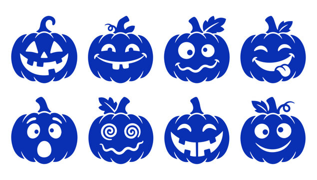 Set of eight cute Halloween pumpkin faces with various funny and spooky expressions