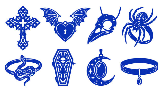Set of dark gothic jewelry icons featuring skull, snake, cross, and coffin designs