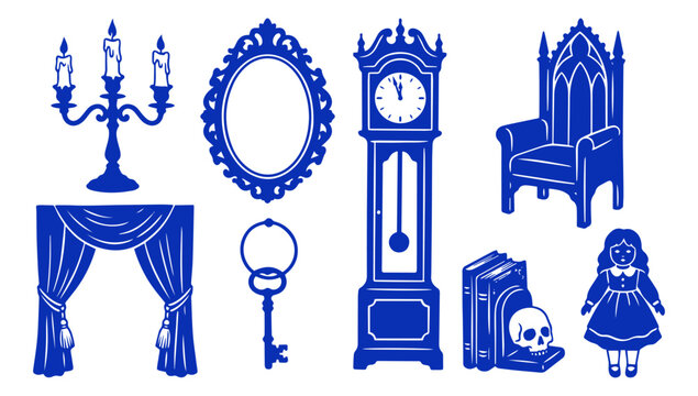 Set of vintage gothic home decor icons and mysterious haunted house furniture silhouettes