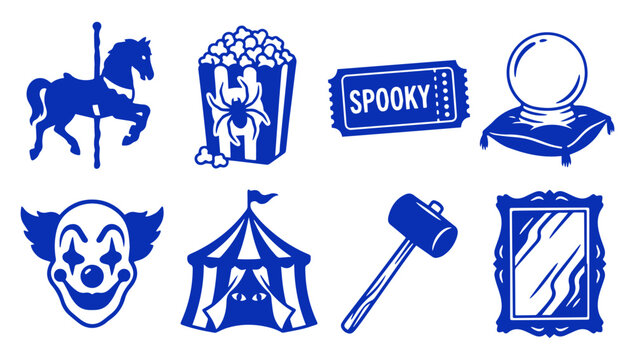 Set of spooky Halloween carnival icons with circus elements in blue flat vector style