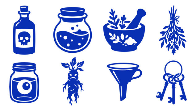 Set of magic potion icons for halloween alchemy witchcraft and wizard fantasy elements
