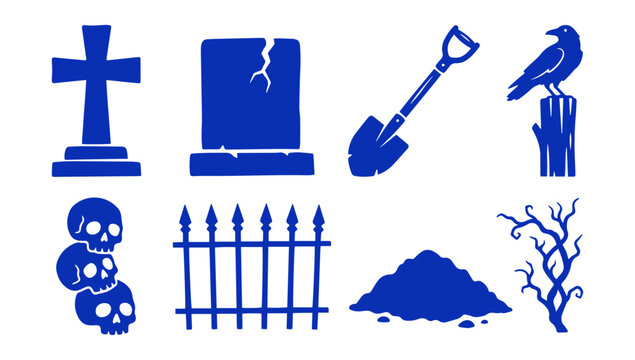 Set of Halloween cemetery icons featuring gravestones skulls shovel raven and spooky tree symbols
