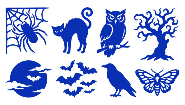 Set of blue halloween icons featuring a black cat, spider, owl, and spooky elements