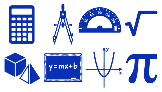Set of blue math icons and education symbols for school and academic learning