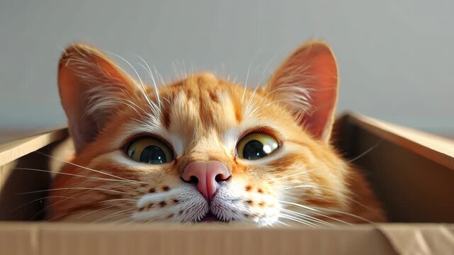 Curious orange kitten with big eyes peeking over cardboard box edge, adorable playful cat, funny pet moment, cozy home scene, charming animal portrait.