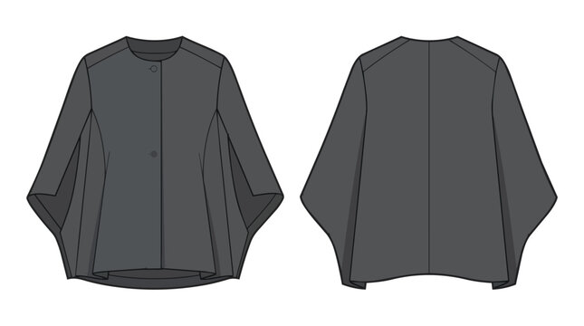 Minimalist Dark Grey Batwing Sleeve Cape Coat Technical Drawing Fashion Apparel Design Template Front Back