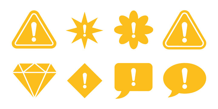 Exclamation mark chat bubble icon vector featuring alert notifications, warning messages, caution triangles, safety alerts, and notification symbols