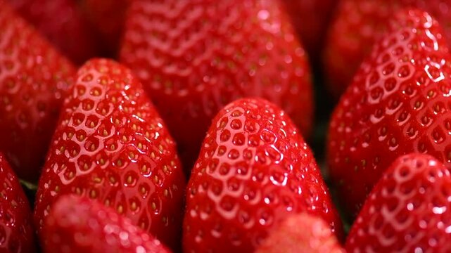 Strawberry, fresh ripe strawberries background close-up. Organic Vegetarian healthy food backdrop, macro shot. Slow motion. From above 