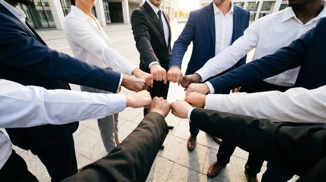 Diverse Business Team Joining Fists Together in Unity Outside Modern Office Building