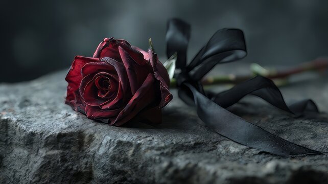 Moody dark red rose with black ribbon on stone, mourning flower for funeral and grief, gothic floral still life