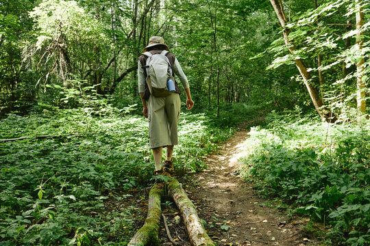 Rear view of young adult Caucasian woman with backpack hiking on forest trail. Image represents outdoor recreation and is suitable for eco tourism marketing campaigns