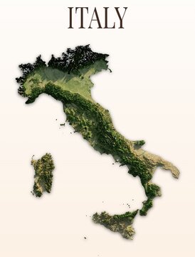 Italy Shaded Relief Map. Hillshaded physical terrain map illustration. Light background with title. Illustration elements derived from NASA Imagery and NASADEM Global Elevation Model.