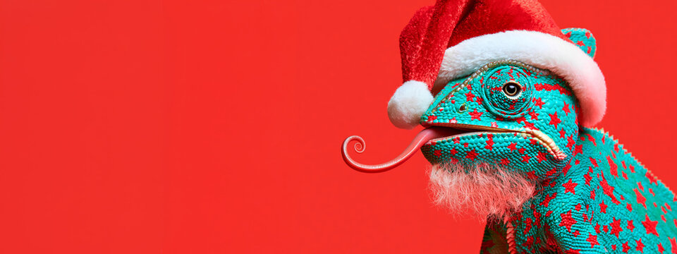 Merry Christmas xmas celebration, animal concept holiday vacation winter greeting card postcard long banner - Funny chameleon with santa hat, isolated on red background
