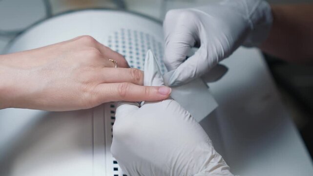 Manicure technician degreases natural nail plate before nail tips application in beauty salon as an essential step of professional nail extension preparation