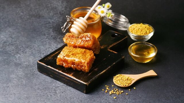 Honeycomb and bee pollen on a dark background