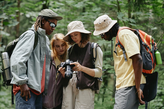 Diverse young adult friends hiking in forest and looking at camera screen together. Image represents outdoor recreation and is suitable for travel and adventure tourism marketing