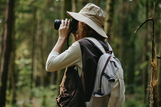 Young adult Caucasian woman hiking in forest and taking photos with professional camera. Image represents ecotourism and outdoor recreation, suitable for travel marketing campaigns