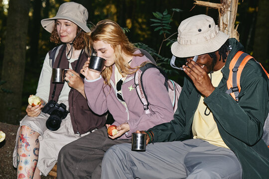 Diverse young adult friends sitting on log in forest, drinking from metal mugs and laughing. Image ideal for outdoor recreation, eco-tourism, and active lifestyle marketing campaigns