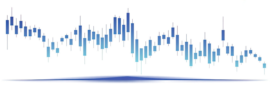 Abstract blue and cyan candlestick chart with fluctuating data points and trendlines