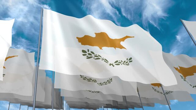 Multiple Cyprus flags seamless looping waving on blue sky