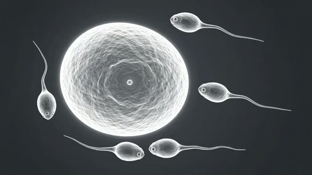 Ovum surrounded by four stable sperm cells moving slowly in different directions nearby, the ovum remains perfectly consistent while every sperm maintains identical head and tail structure