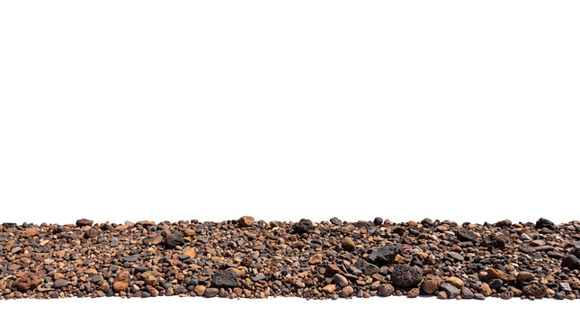 Volcanic rocks and small brown stones for landscape design mockup isolated on transparent background