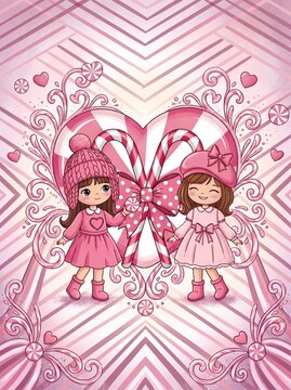 Cute Sisters in Pink Winter Outfits with Giant Candy Cane Heart