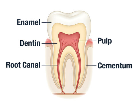 Tooth anatomy diagram with labeled parts isolated on white background