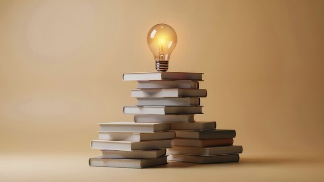 Glowing light bulb on top of a stack of books on a warm background. Concept for education and inspiration.