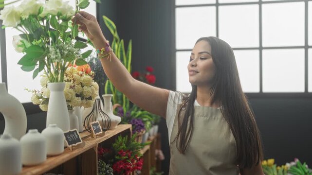 Woman florist in apron holds a white rose with her hand and smells it while arranging blooms on wooden shelves in a flower studio by a large window; serenity.