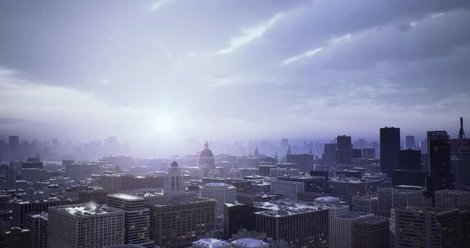 Morning glow illuminates skyline, Sunrise bathes cityscape in gentle light and haze, Early morning light highlights towering buildings beneath soft mist
