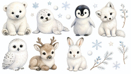 Naklejka premium Watercolor arctic baby animals clipart set. Cute polar bear seal penguin fox owl reindeer bunny collection. Winter nursery illustrations isolated on white