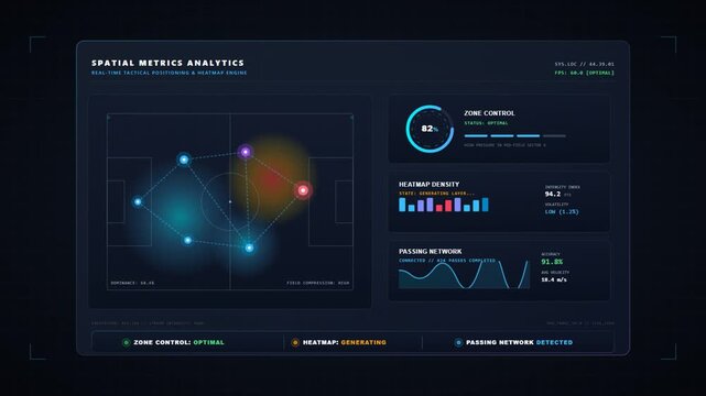 Spatial metrics analytics hud screen showing sports tactical positioning and heatmap
