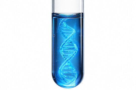 Futuristic DNA double helix suspended in glowing blue liquid inside a transparent laboratory test tube