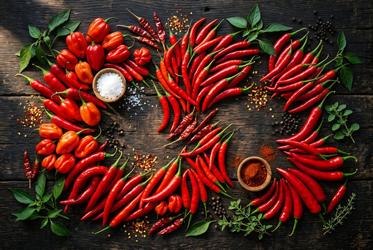 red chili pepper , Variety of fresh red chili peppers, spices, and seasonings on dark rustic wooden background