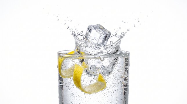 Clear glass of sparkling water with ice cube splash and yellow lemon peel