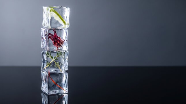 A tall stack of four crystal clear ice cubes containing fresh ingredients