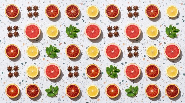 Pattern of fresh citrus slices, star anise, and green mint leaves