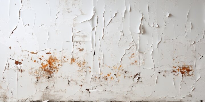 A white wall with peeling paint and rust stains, revealing the underlying layers of the structure.