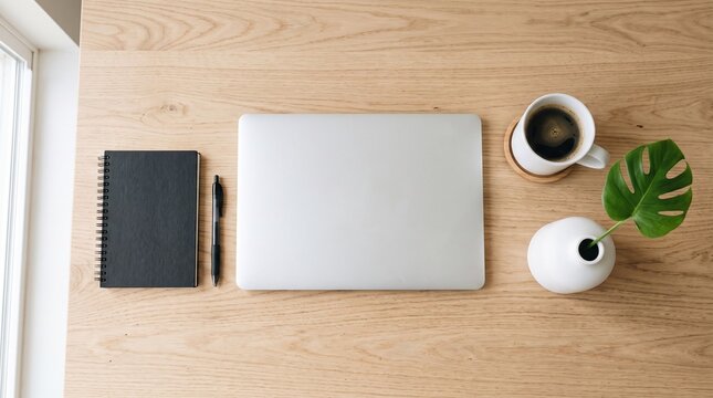 Minimalist home office desk setup with laptop notebook and coffee cup