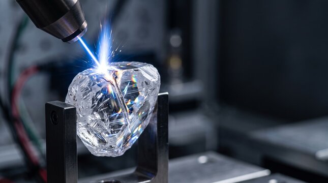Industrial laser beam cutting and processing a raw rough diamond gemstone